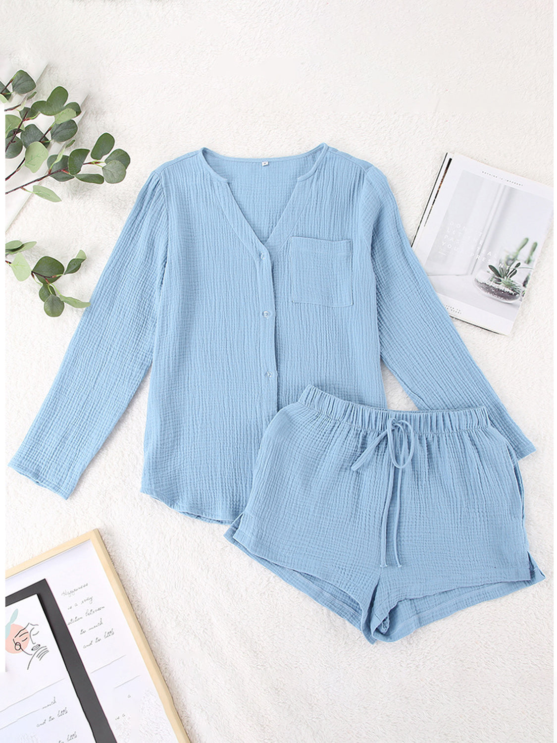 NYLD: Notched Long Sleeve Top and Shorts Set - NEWYORKLISTED