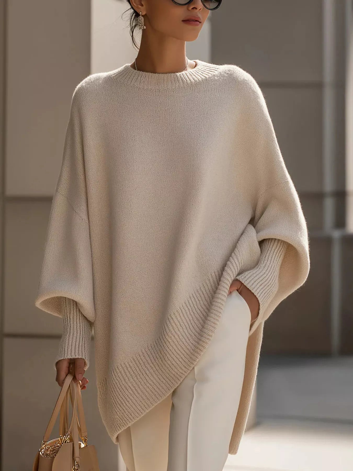 NEWYORKLISTED STYLE COLLECTION: Woman wearing a beige poncho with a blurred background