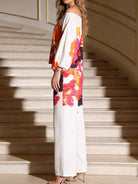 NEWYORKLSITED STYLE COLLECTION: Woman wearing a colorful off-shoulder dress standing on a staircase.