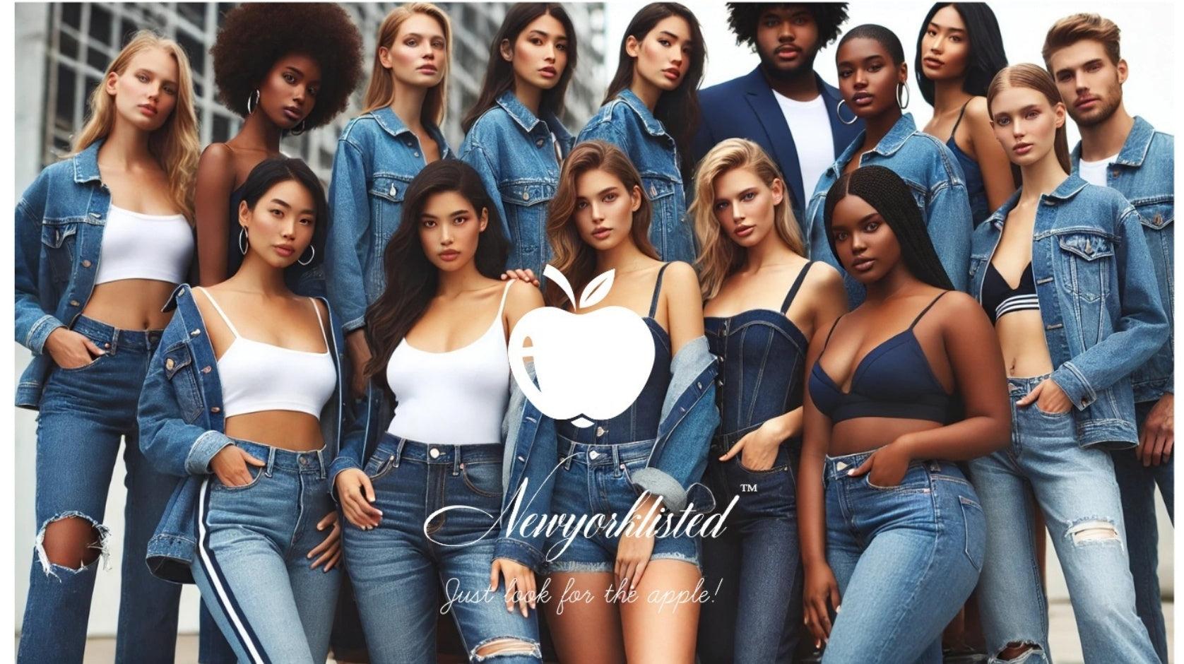 NEWYORKLISTED STYLE COLLECTION:  Jeans for everyone, a group of NEWYORKLISTED models, men and women wearing denim and white clothing with the NEWYORKLISTED logo in the center.