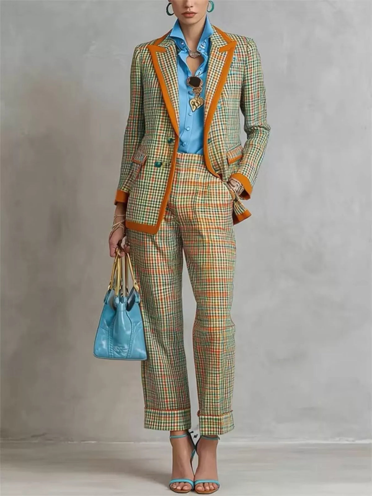 NEWYORKLISTED STYLE COLLECTION: A model wears a matching plaid blazer and trousers set in green, orange, and beige tones, styled with a bright blue shirt, a blue handbag, and blue strappy heels against a textured gray studio backdrop.