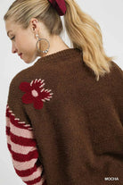 NEWYORKLISTED: Brown cardigan with red flower design on a plain background