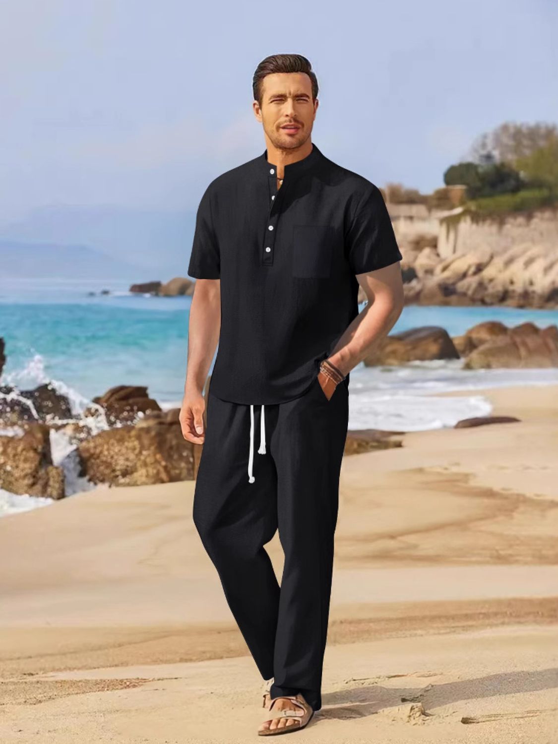 NEWYORKLISTED ATLAS MEN"S COLLECTION Half Button Top and Drawstring Pants Set