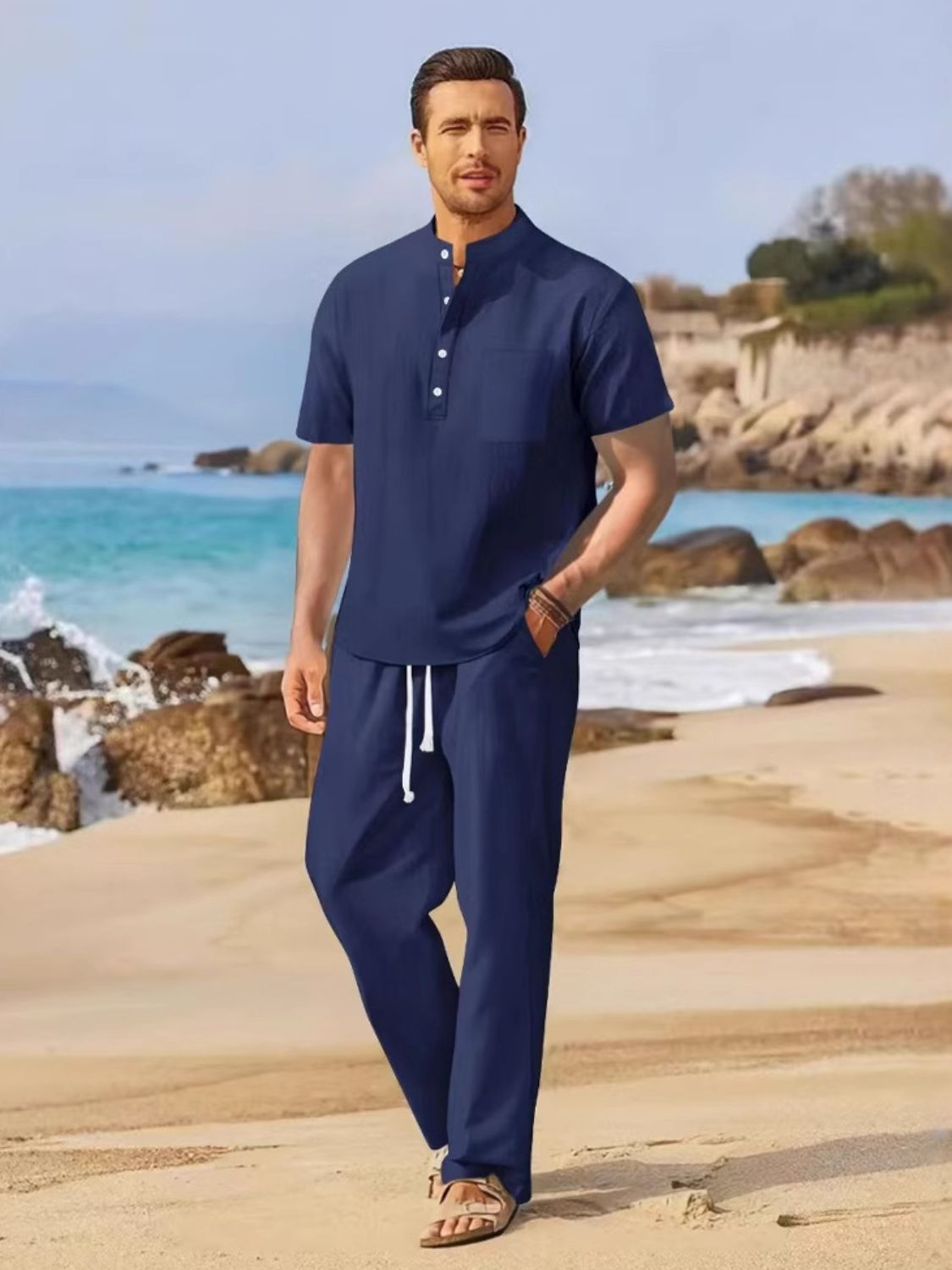 NEWYORKLISTED ATLAS MEN"S COLLECTION Half Button Top and Drawstring Pants Set - Navy 