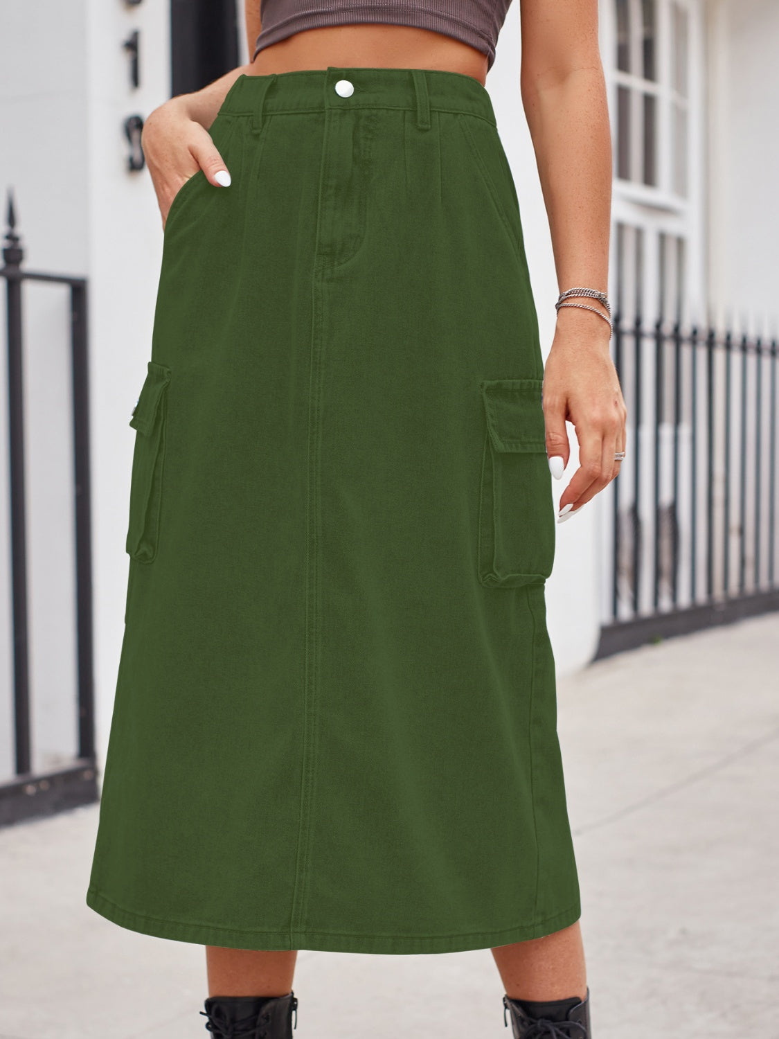Slit Buttoned Denim Skirt with Pockets - NEWYORKLISTED