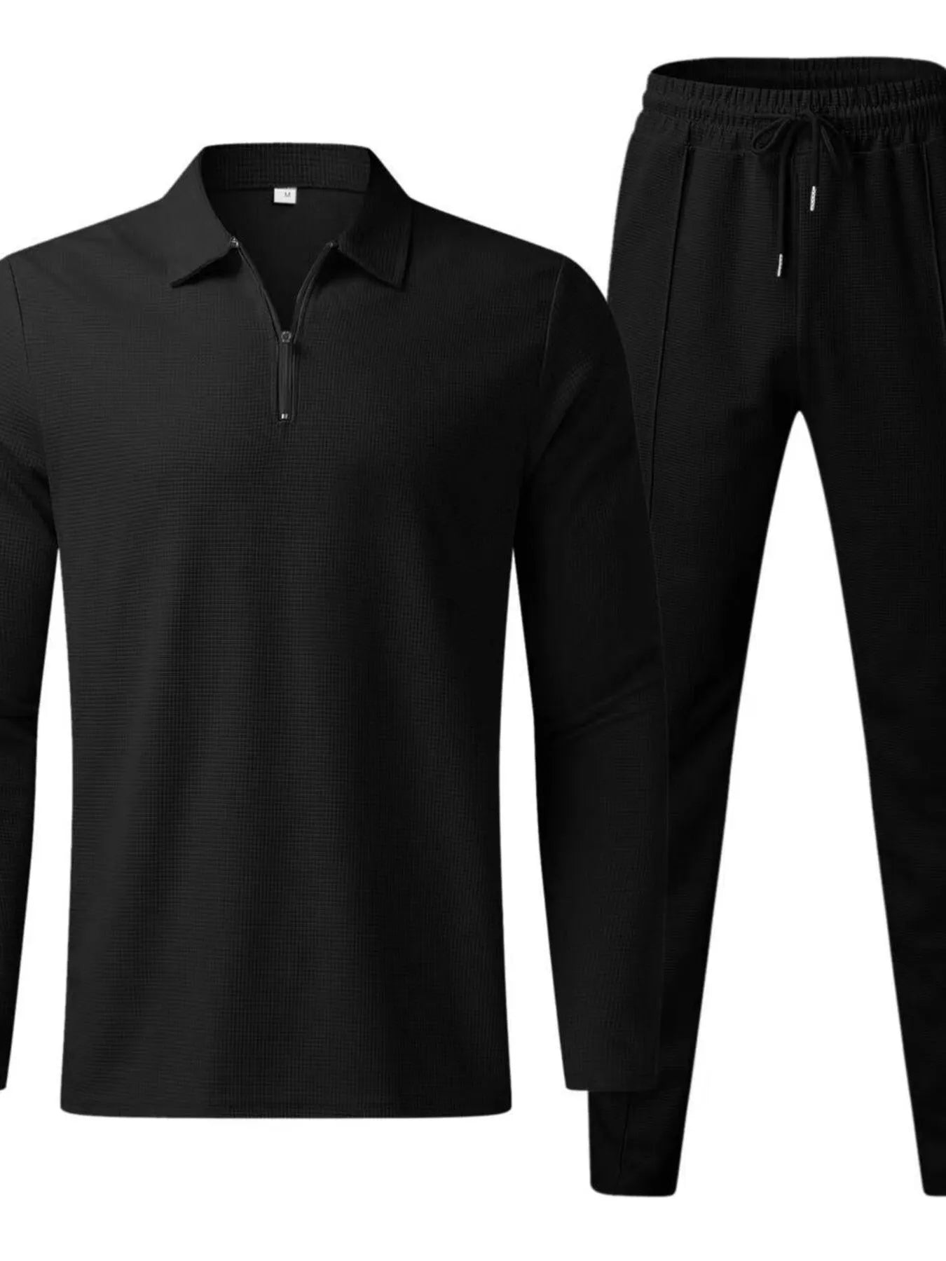 NEWYORKLISTED ATLAS MEN'S COLLECTION: Black long-sleeve shirt and black pants on a white background