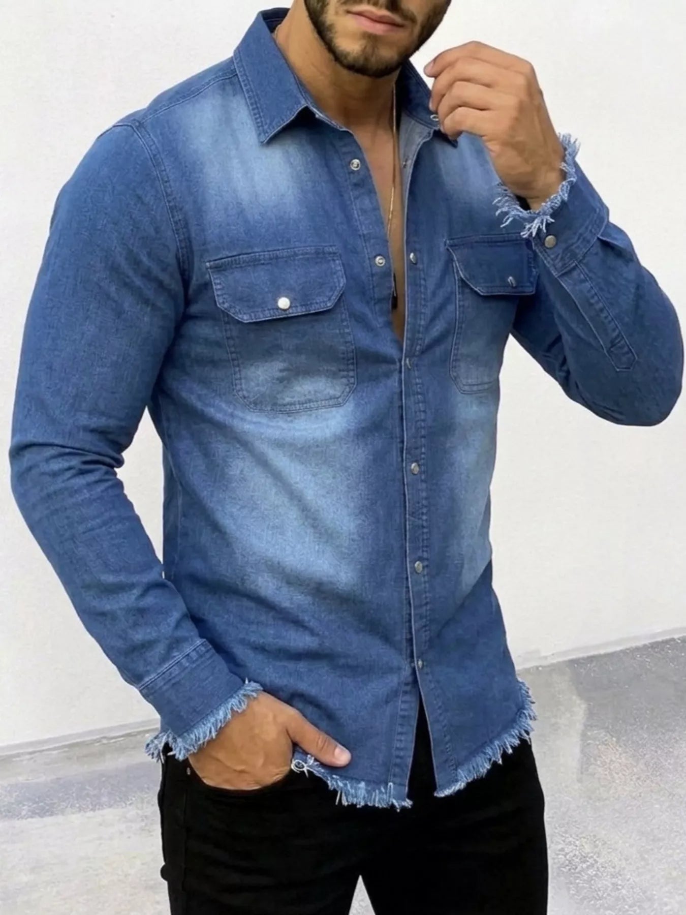 NEWYORKLISTED ATLAS MEN'S COLLECTION – Men's frayed-hem denim-look button-down shirt, product image 1