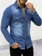 NEWYORKLISTED ATLAS MEN'S COLLECTION – Men's frayed-hem denim-look button-down shirt, product image 1