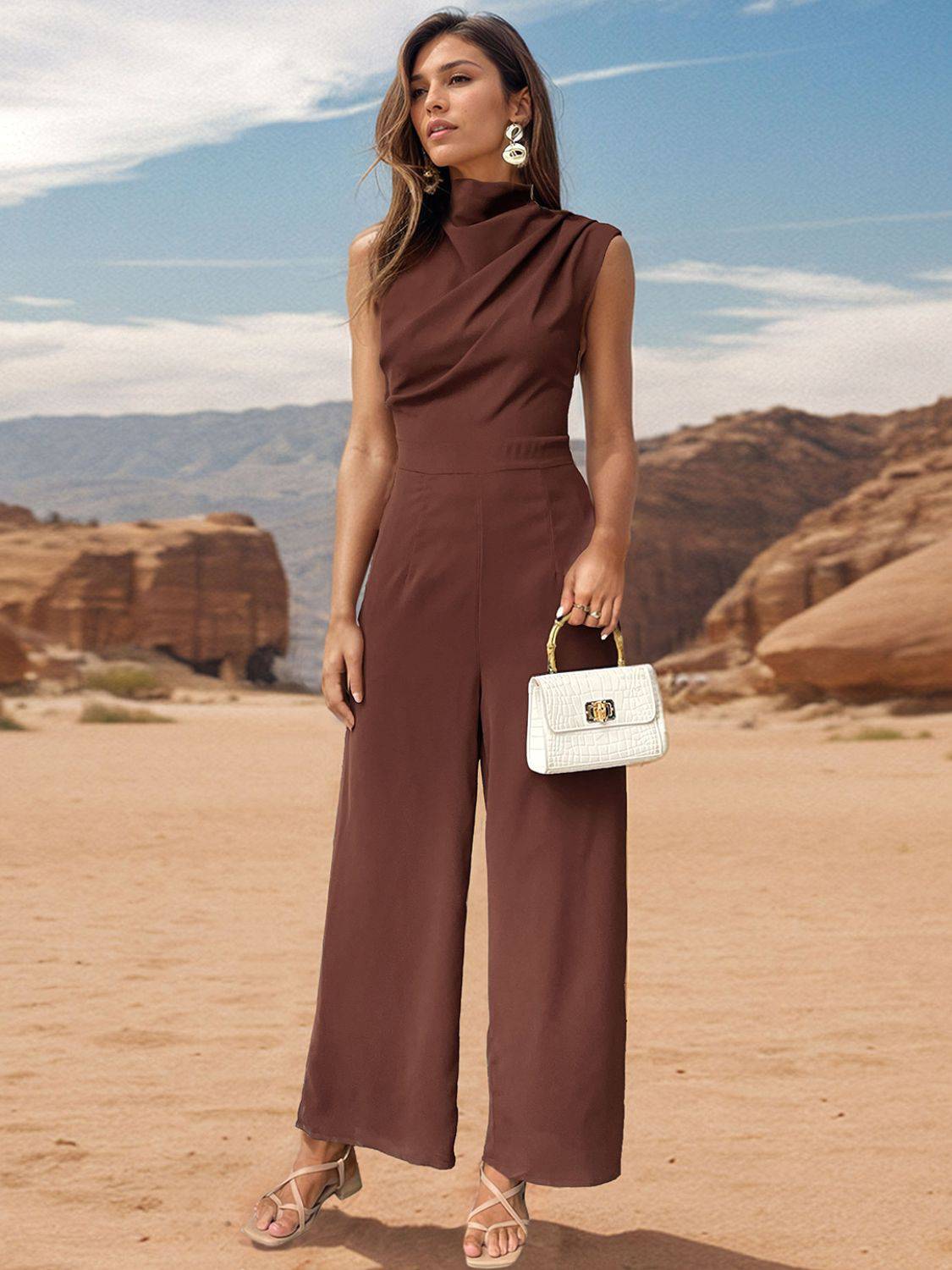Perfee Ruched Mock Neck Sleeveless Jumpsuit - NEWYORKLISTED