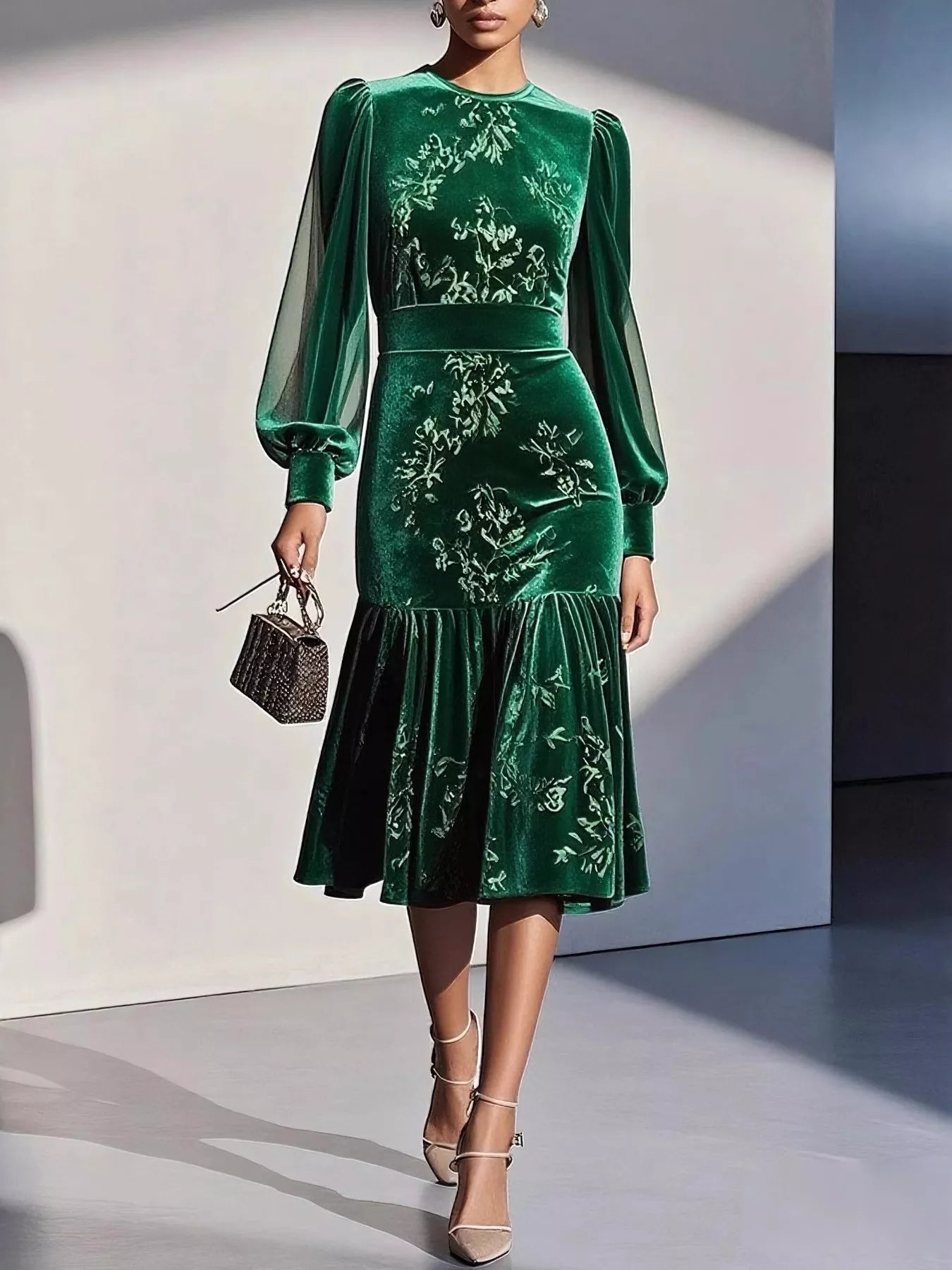 NEWYORKLISTED RUNWAY STYLE: Green velvet dress with floral embroidery worn by a model against a neutral background