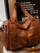 NEWYORKLISTED STYLE COLLECTION: Brown leather handbag on a surface with a blurred background