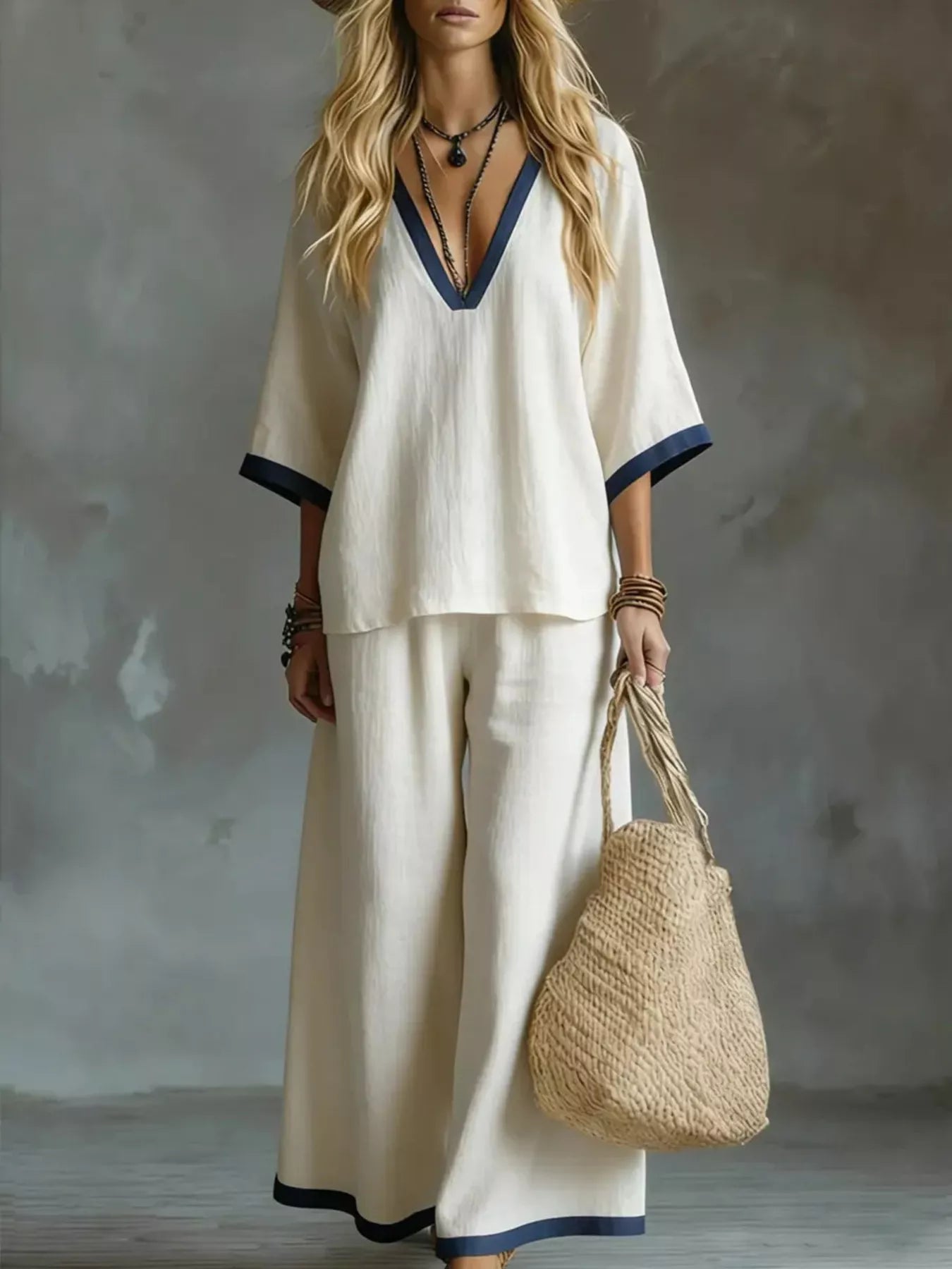 NEWYORKLISTED STYLE COLLECTION: Woman in a white outfit with blue trim holding a woven bag against a gray background