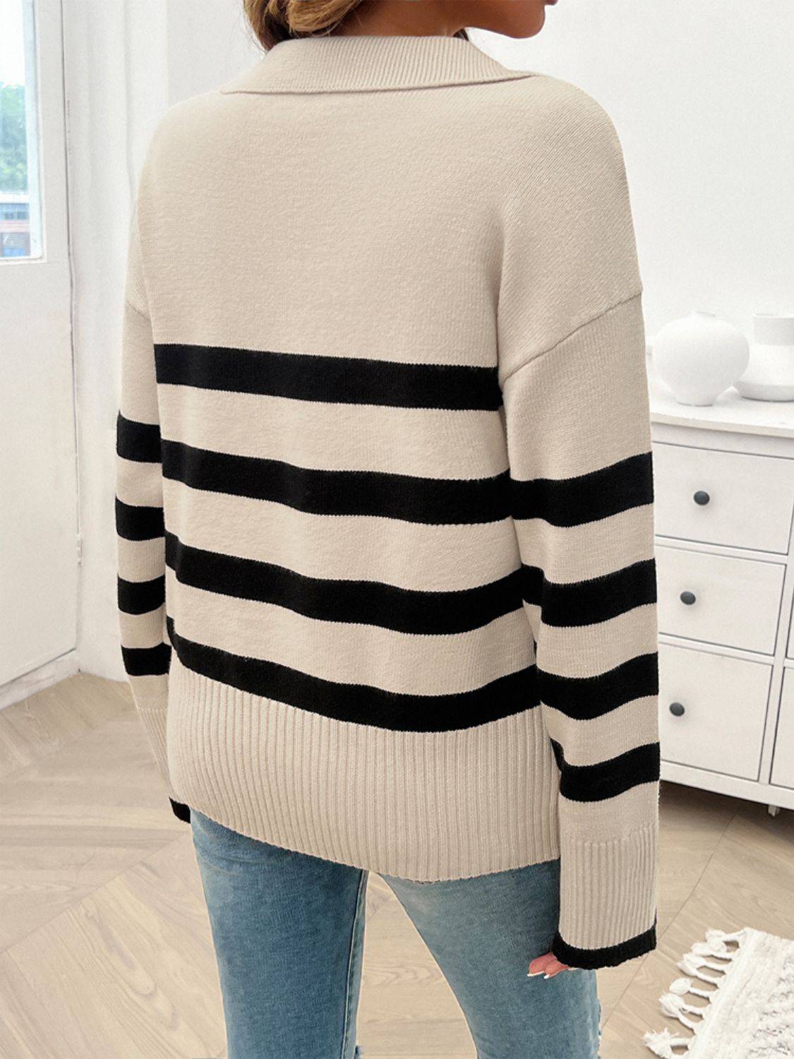 NYLD Striped Collared Neck Long Sleeve Sweater - NEWYORKLISTED