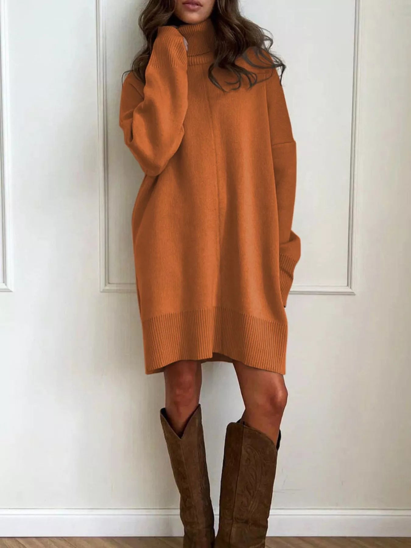 NEWYORKLISTED STYLE COLLECTION: Solid Color Turtleneck Drop Shoulder Sweater Dress