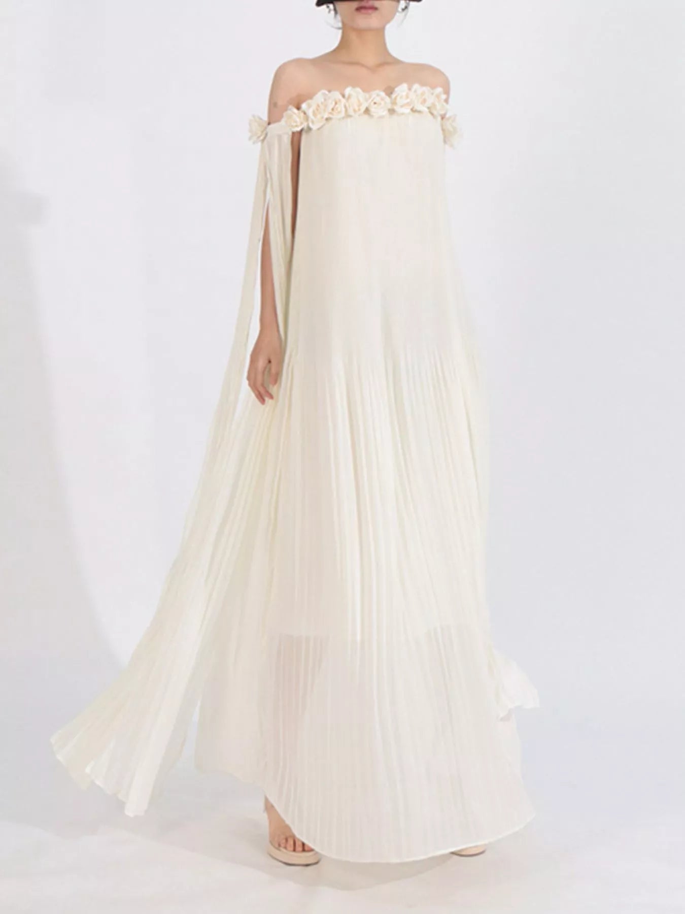 NEWYORKLISTED STYLE COLLECTION: Off-Shoulder Floral Pleated Maxi Dress – Elegant Bridal & Event Gown