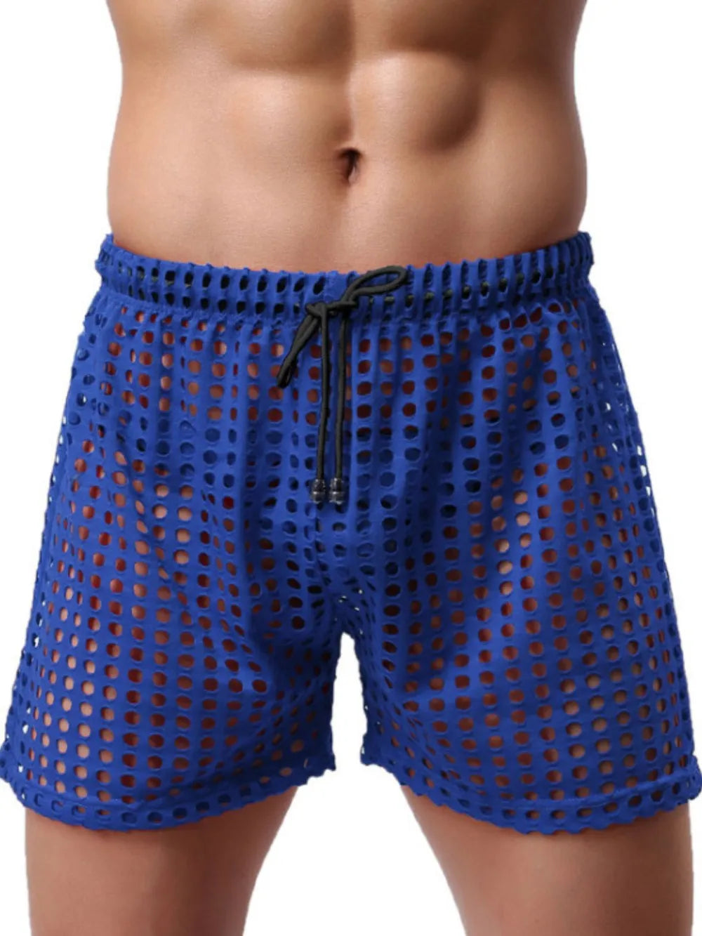 NEWYORKLISTED ATLAS MEN'S COLLECTION: Blue mesh shorts worn by a person on a white background