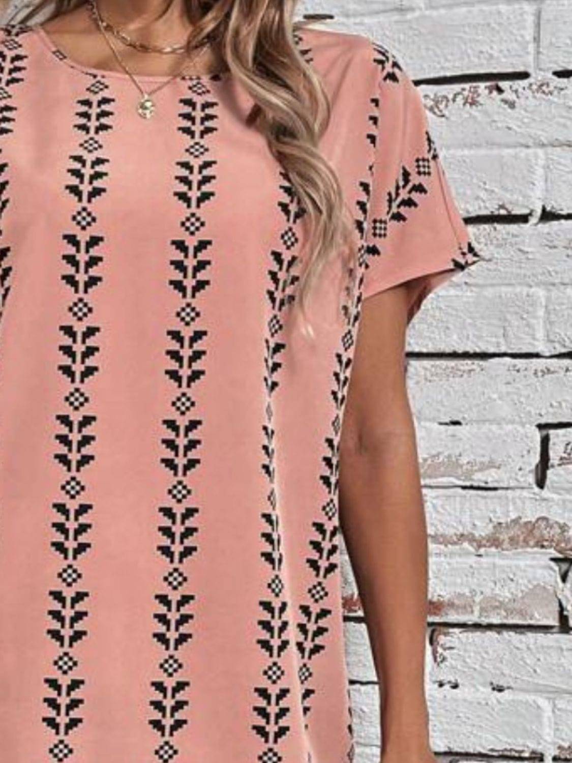NYLD Wheat Motif Printed Round Neck Short Sleeve Dress - NEWYORKLISTED