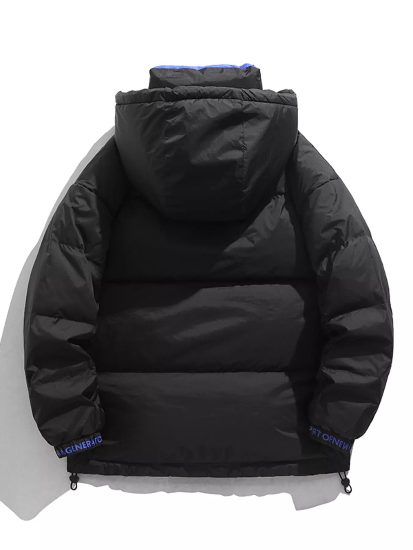 NEWYORKLISTED ATLAS MEN’S COLLECTION: Black puffer jacket with blue accents on a white background