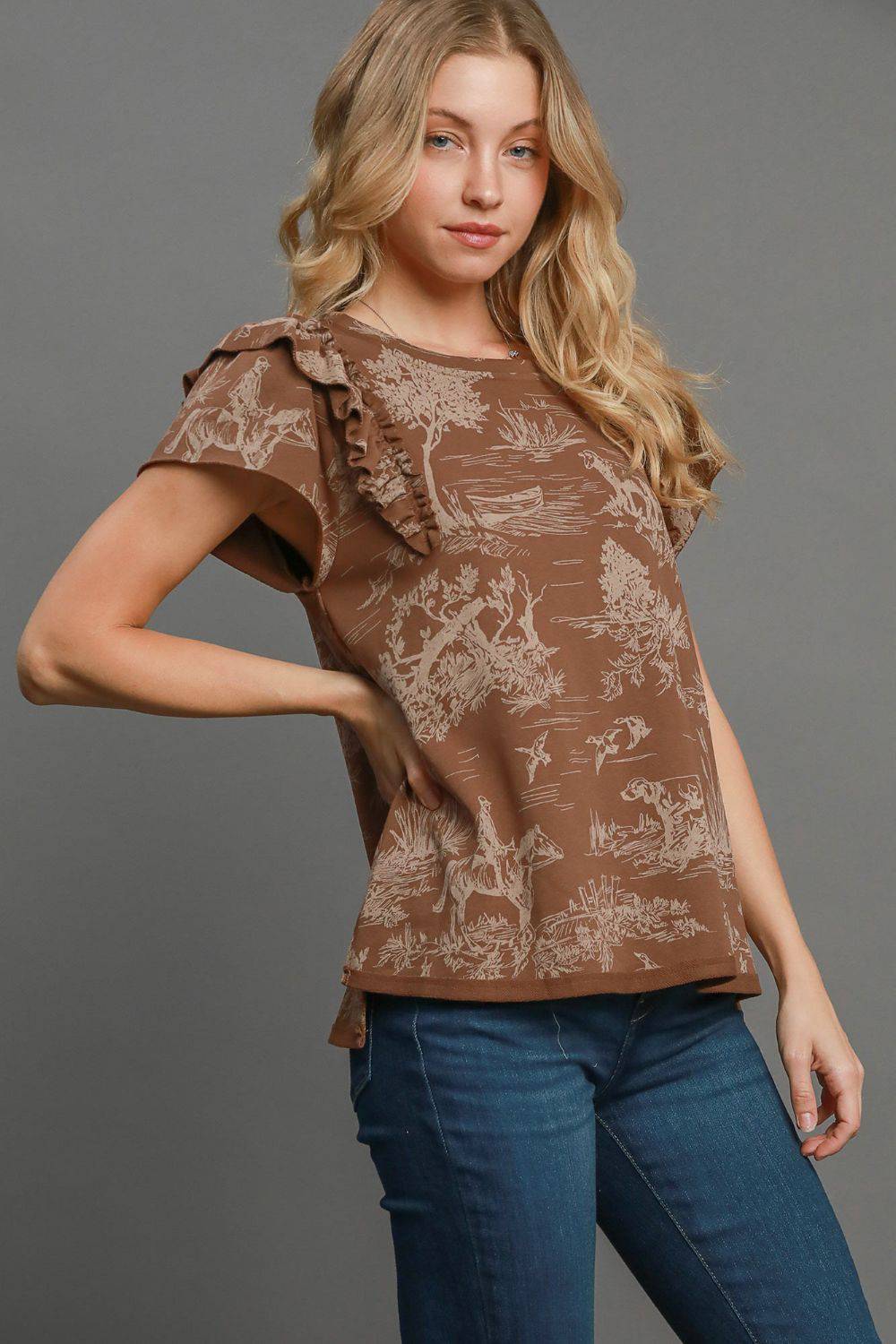 NEWYORKLISTED STYLE COLLECTION: Ruffle Short Sleeve Landscape Print Top - NEWYORKLISTED