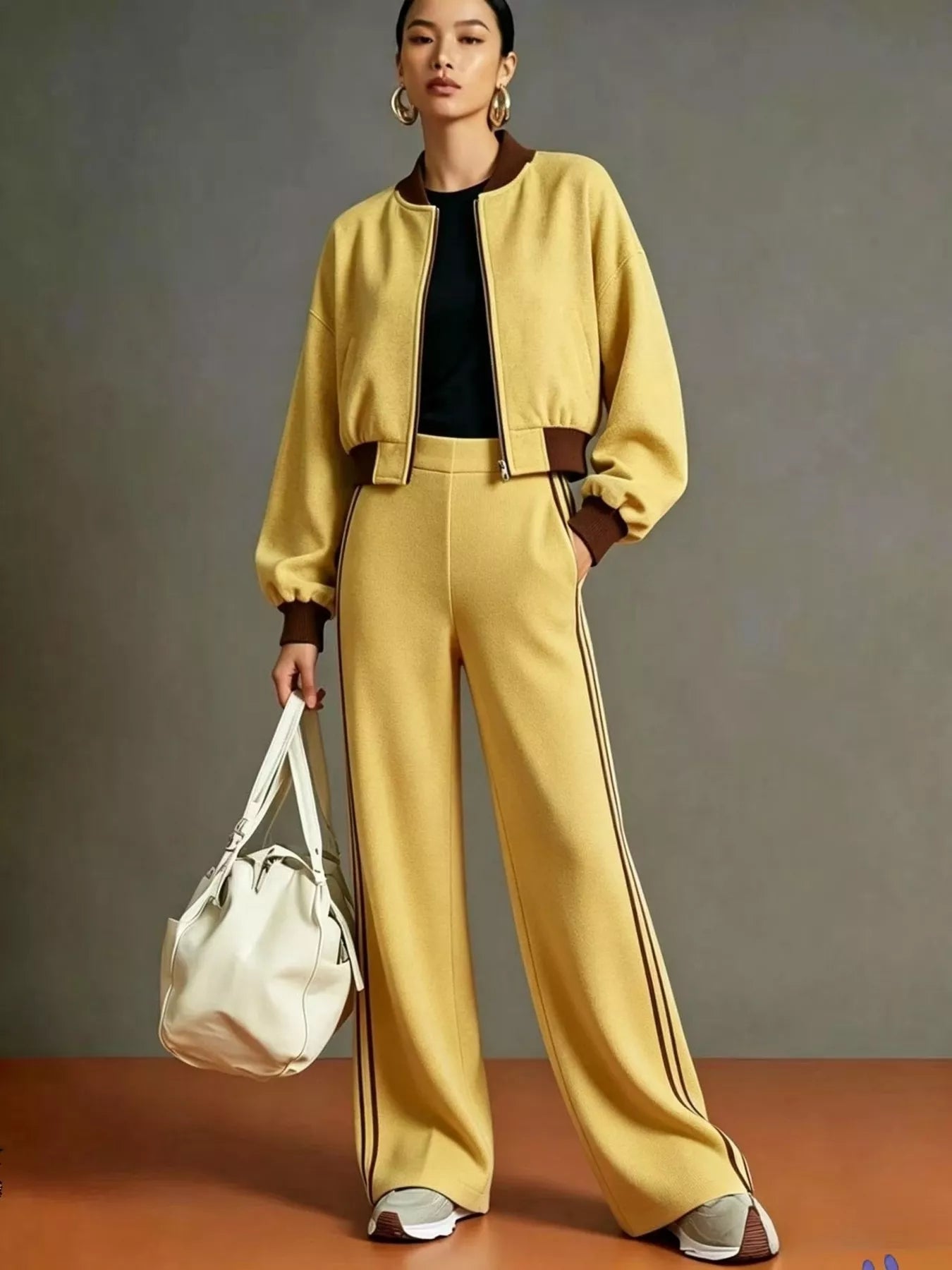 NEWYORKLISTED STYLE COLLECTION: A model stands against a gray studio backdrop wearing a matching yellow two-piece tracksuit with brown trim, a black top underneath, and holding a cream-colored handbag.