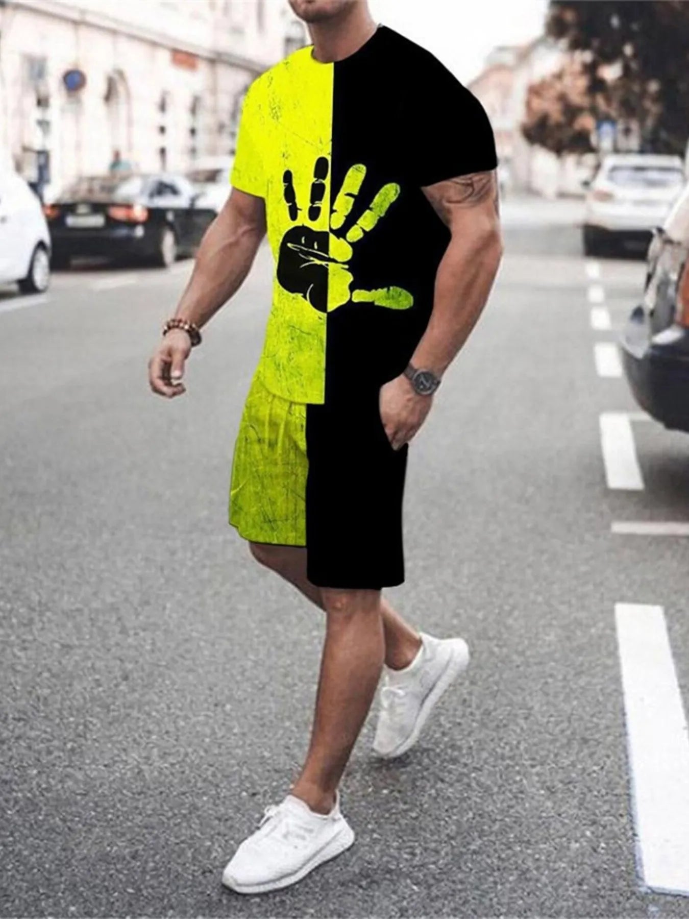 NEWYORKLISTED ATLAS MEN's COLLECTION: Person wearing a black, yellow, and green outfit with a unique design on a street.