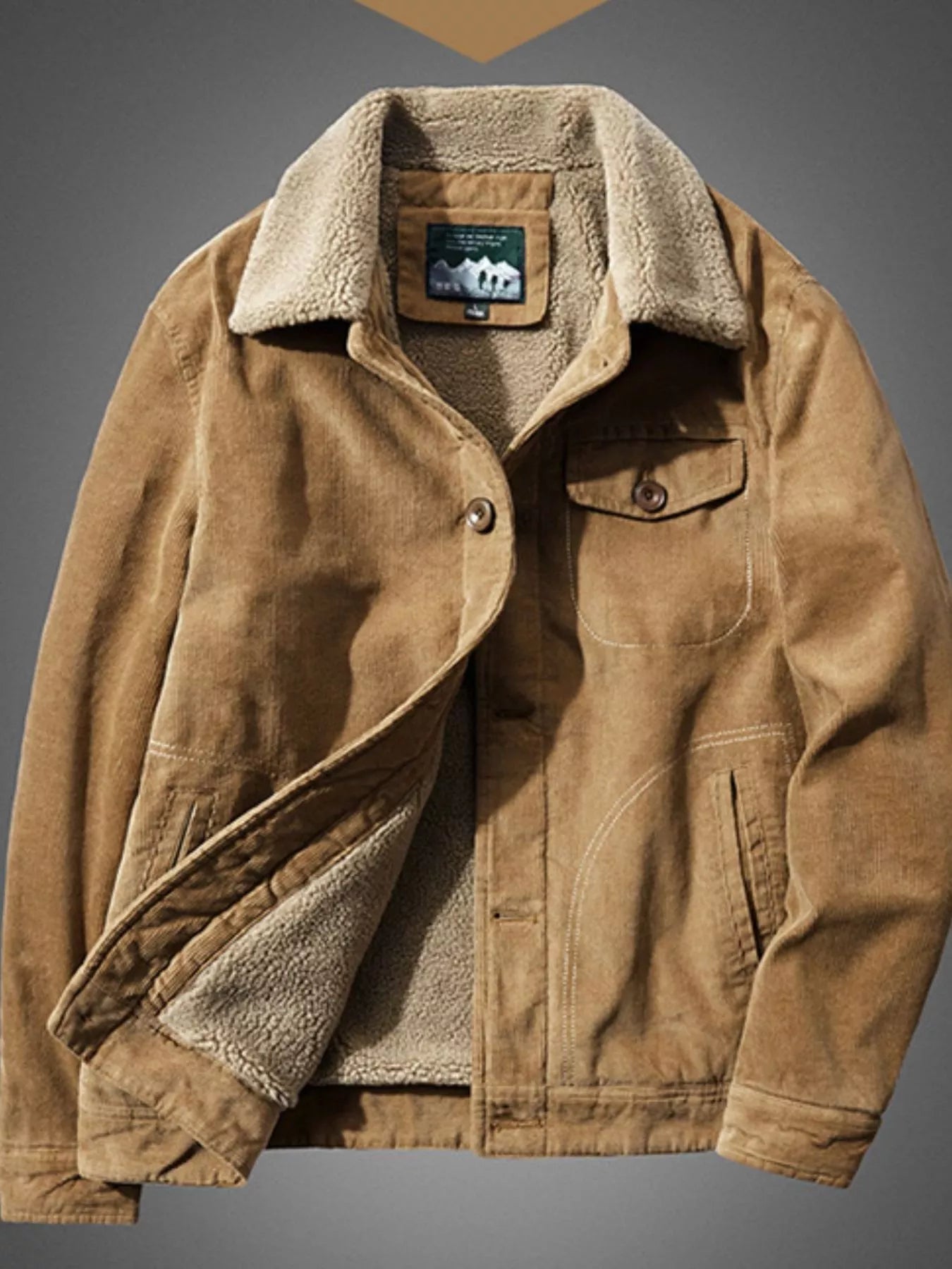 NEWYORKLISTED ATLAS MEN'S COLLECTION: Brown jacket with sherpa lining on a gray background