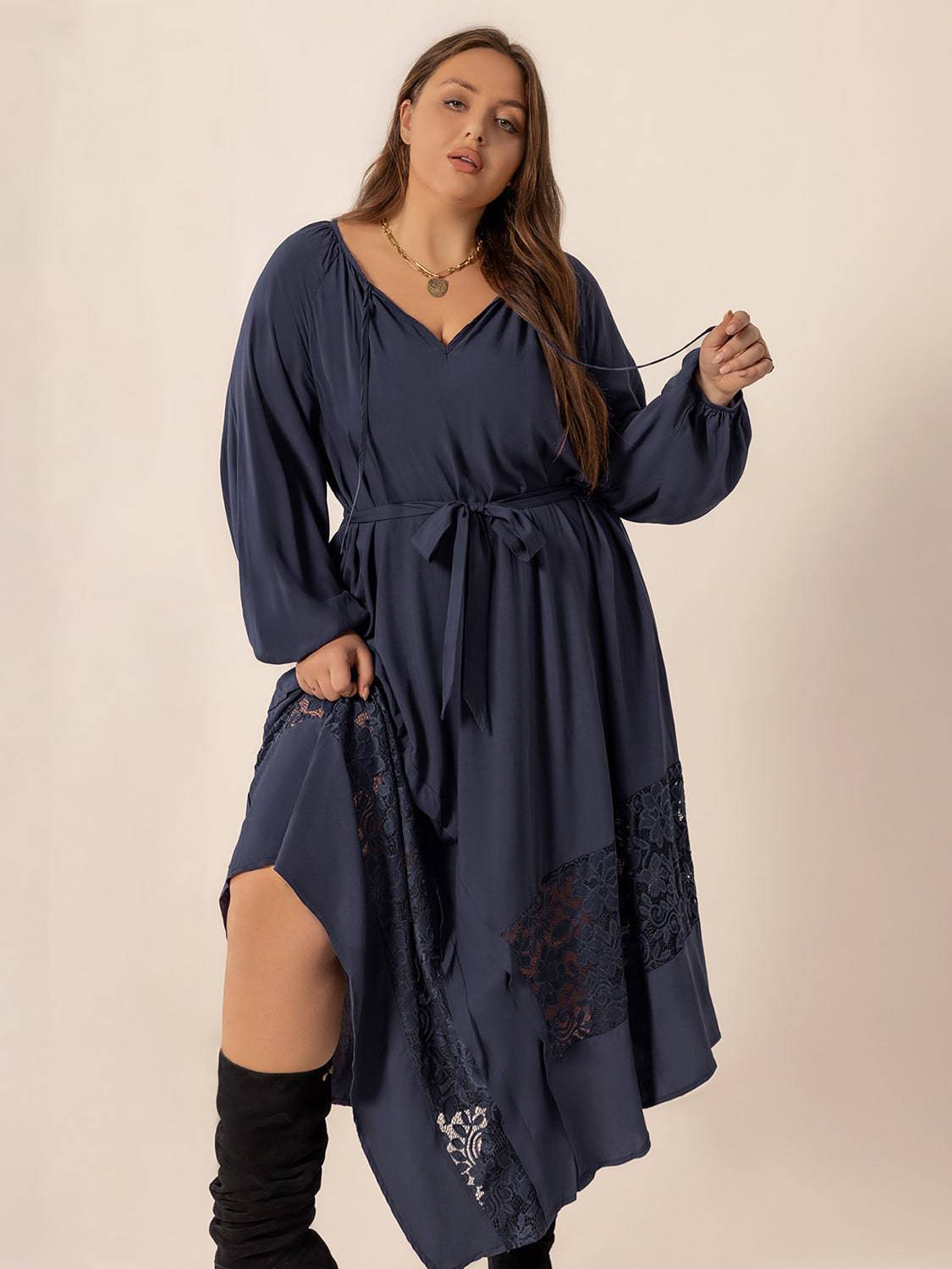 Plus Size Lace Detail Tie Neck Long Sleeve Midi Dress - NEWYORKLISTED