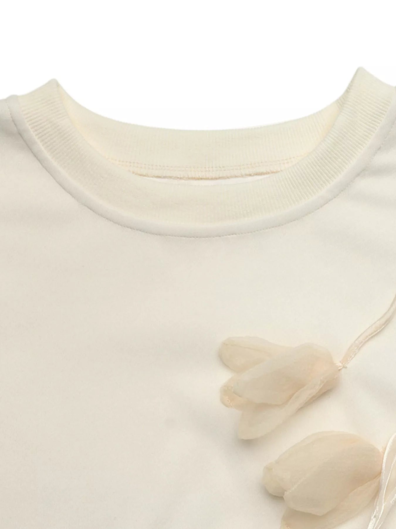 NEWYORKLISTED STYLE COLLECTION: Close-up of a cream-colored sweater with floral details on a white background
