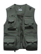 NEWYORKLISTED ATLAS MEN"S COLLECTION: Green vest with multiple pockets and zippers on a white background