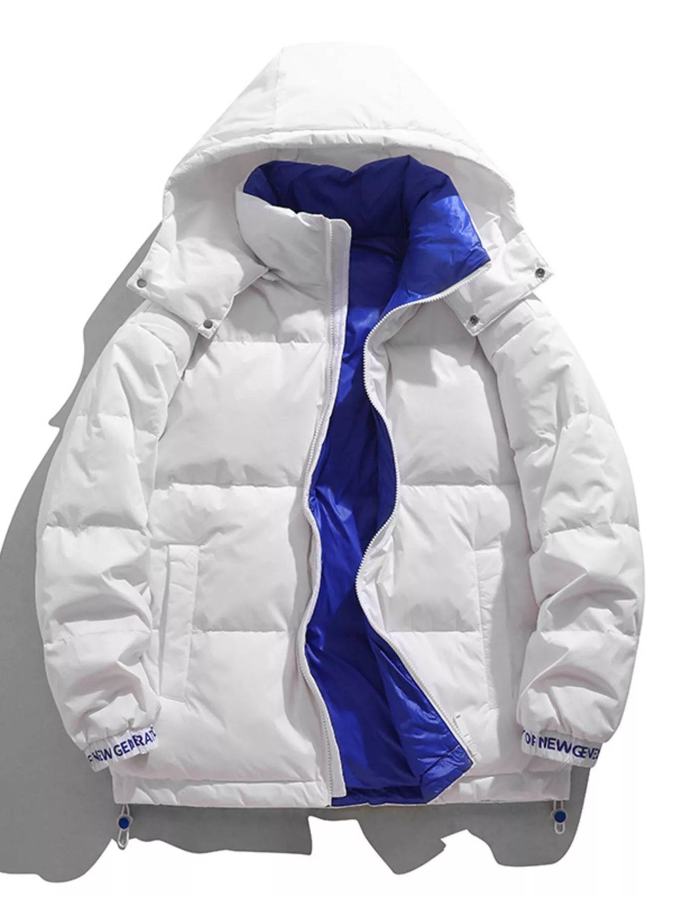 NEWYORKLISTED ATLAS MEN’S COLLECTION: White puffer jacket with blue lining on a white background