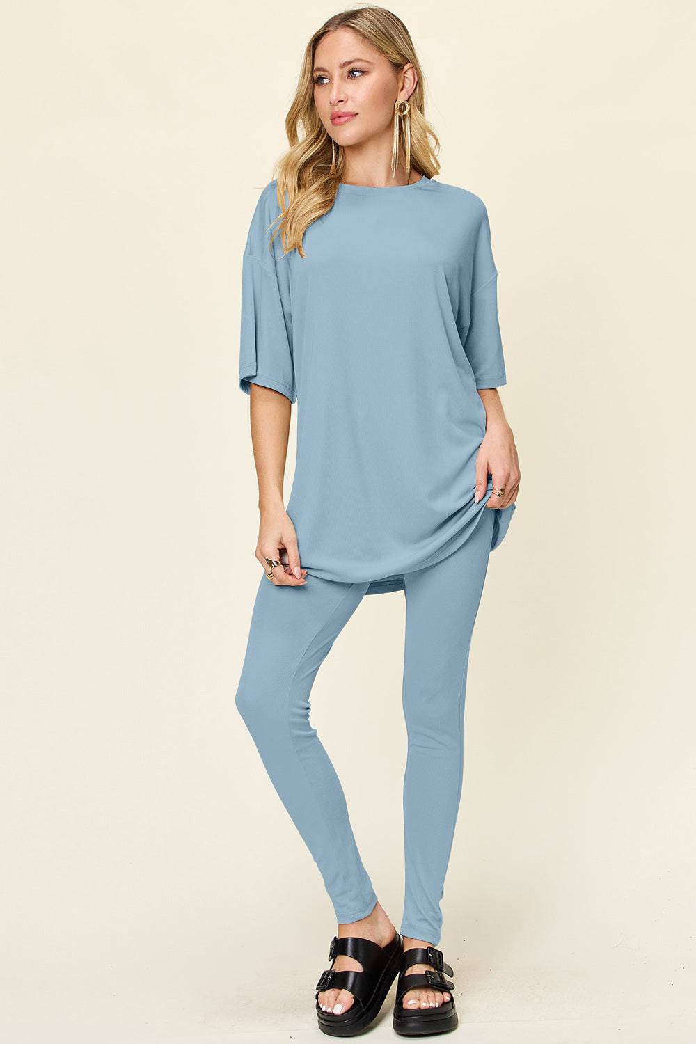 NEWYORKLISTED STYLE COLLECTION:  Round Neck Dropped Shoulder T-Shirt and Leggings Set - NEWYORKLISTED
