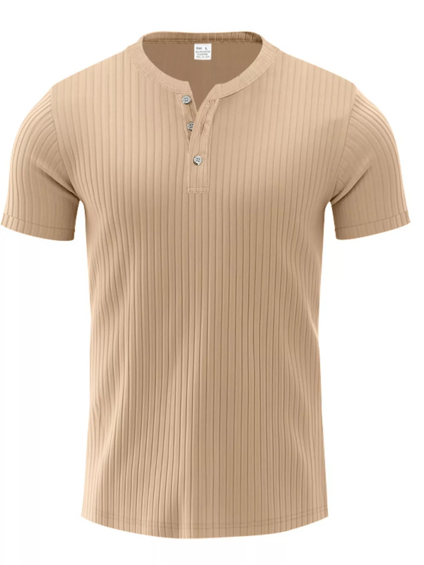 NEWYORKLISTED ATLAS MEN'S COLLECTION: Beige ribbed henley shirt on a white background