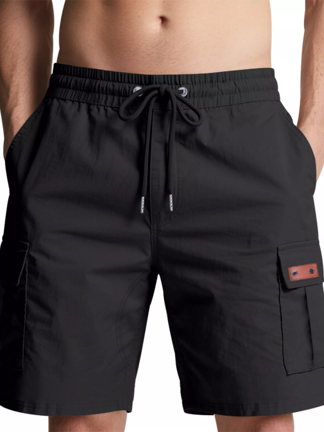 NEWYORKLISTED ATLAS MEN'S COLLECTION: Black cargo shorts with a drawstring on a white background