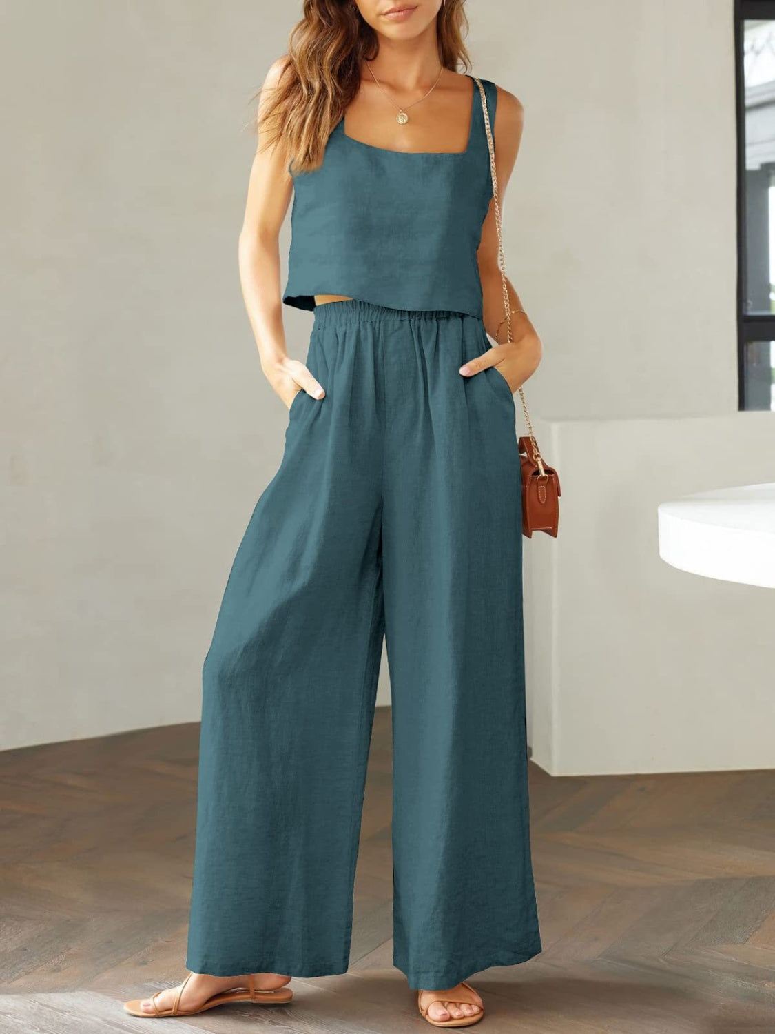 NYLD: Square Neck Top and Wide Leg Pants Set - NEWYORKLISTED