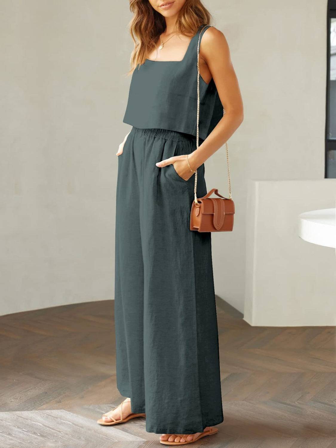 NYLD: Square Neck Top and Wide Leg Pants Set - NEWYORKLISTED