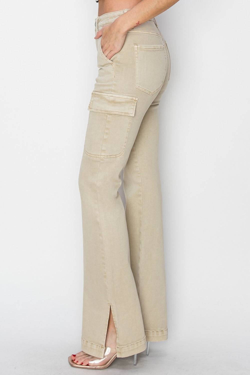 RISEN Full Size High Rise Side Slit Cargo Bootcut Jeans - NEWYORKLISTED