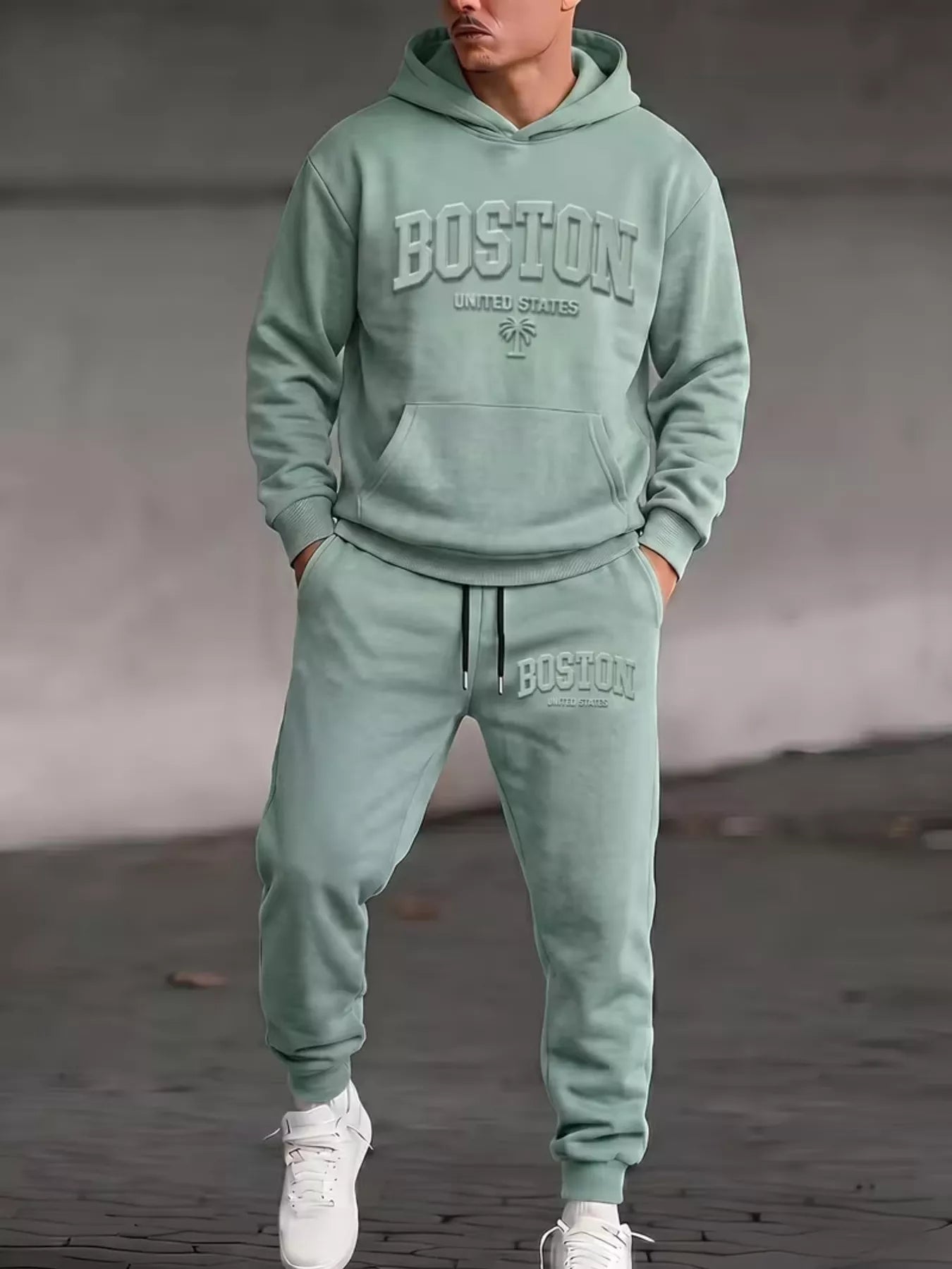 NEWYORKLISTED ATLAS MEN'S COLLECTION: Men's kangaroo-pocket hoodie and pants set, model view