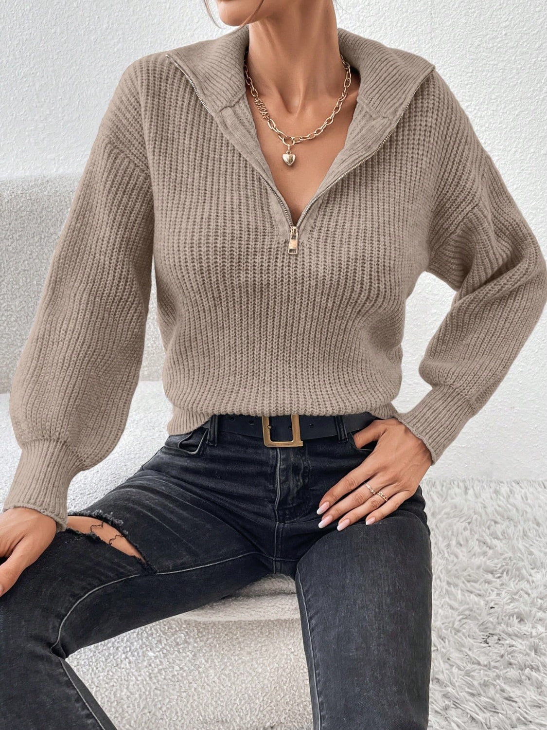 Honey Half Zip Dropped Shoulder Sweater - NEWYORKLISTED
