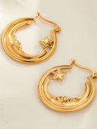 Gold hoop earrings with star and crescent moon designs on a light background: NEWYORKLISTED STYLE COLLECTION 
