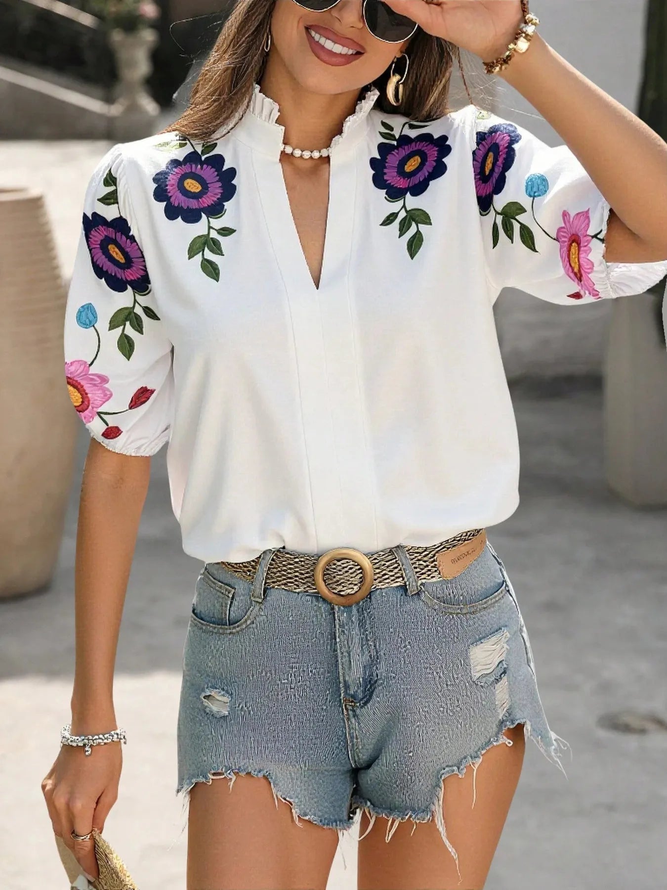 NEWYORKLISTED STYLE COLLECTION: Floral Print Notched Puff Sleeve Blouse – Where Fresh Florals Meet Elevated Style - with Purple Flowers