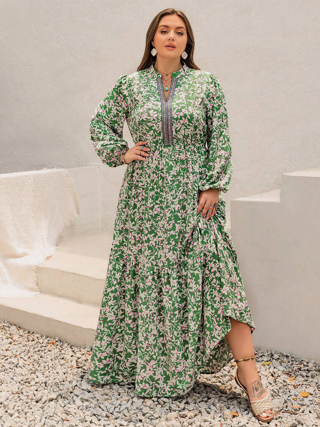 Plus Size Printed Notched Long Sleeve Maxi Dress - NEWYORKLISTED