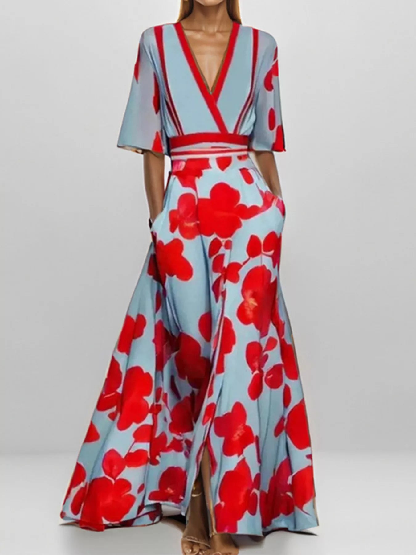 NEWYORKLISTED STYLE COLLECTION: Woman wearing a red and blue floral dress on a white background