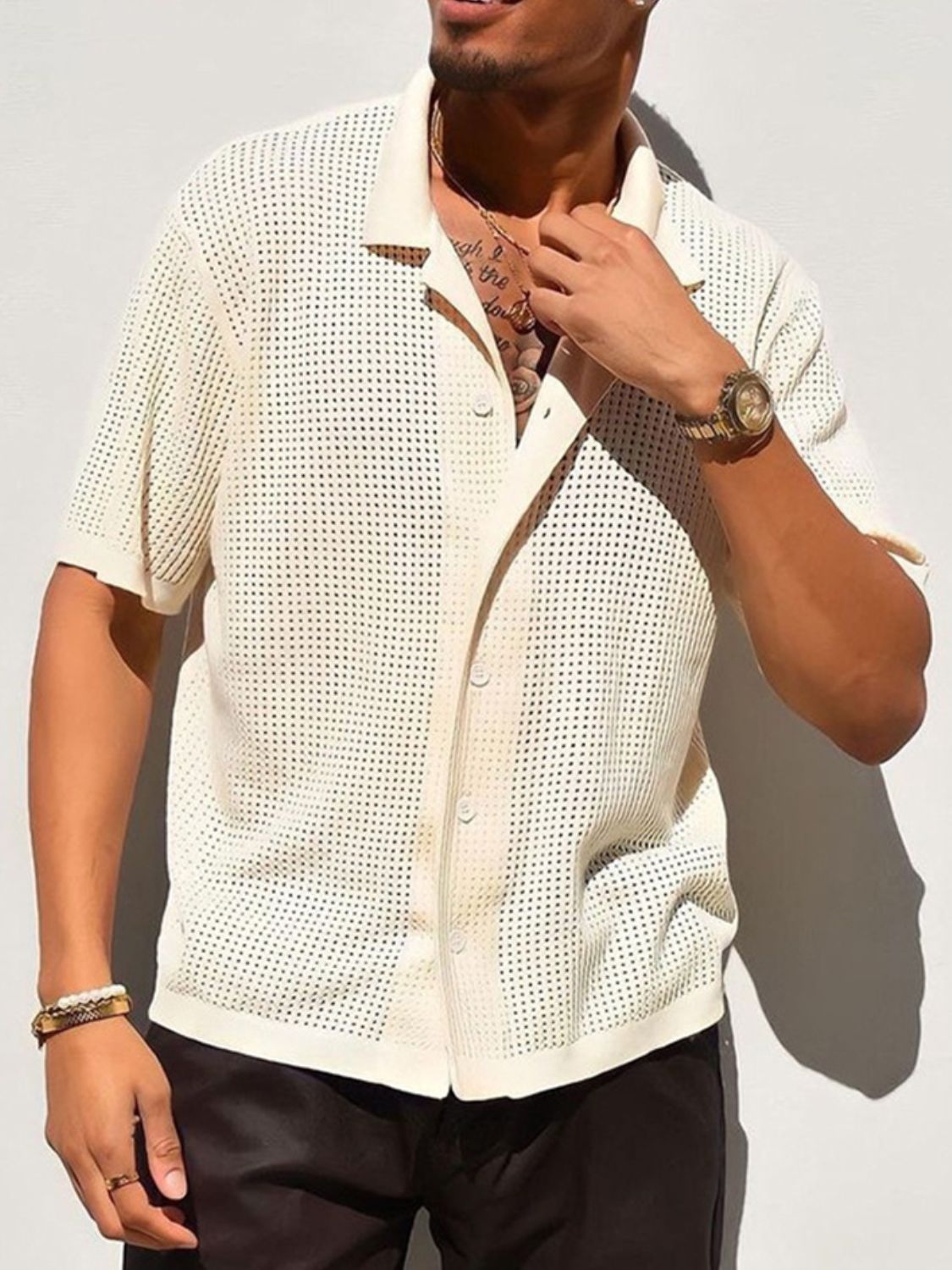 NEWYORKLISTED ATLAS MEN’S COLLECTION: Men’s Full Size Openwork Button Down Collared Neck Shirt – Breezy Sophistication for Every Size - in Beige 