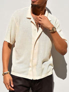 NEWYORKLISTED ATLAS MEN’S COLLECTION: Men’s Full Size Openwork Button Down Collared Neck Shirt – Breezy Sophistication for Every Size - in Beige 