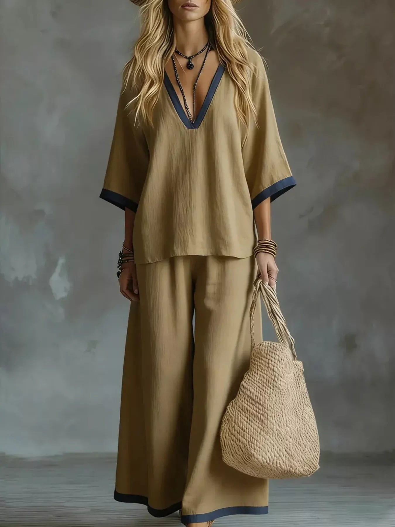 NEWYORKLISTED STYLE COLLECTION: Woman in a beige outfit holding a woven bag against a textured gray background