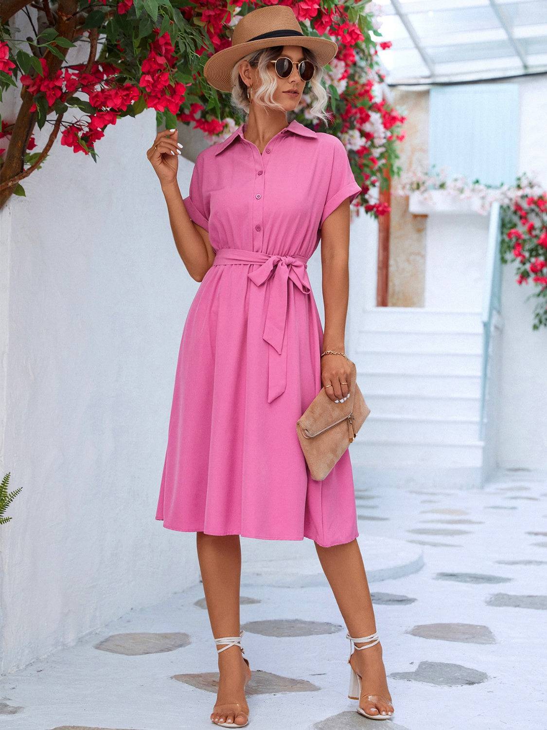 NYLD Buttoned Tie Waist Short Sleeve Dress - NEWYORKLISTED