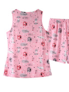 NEWYORKLISTED Intimate Apparel: Pink pajama set with animal and coffee cup pattern on a white background