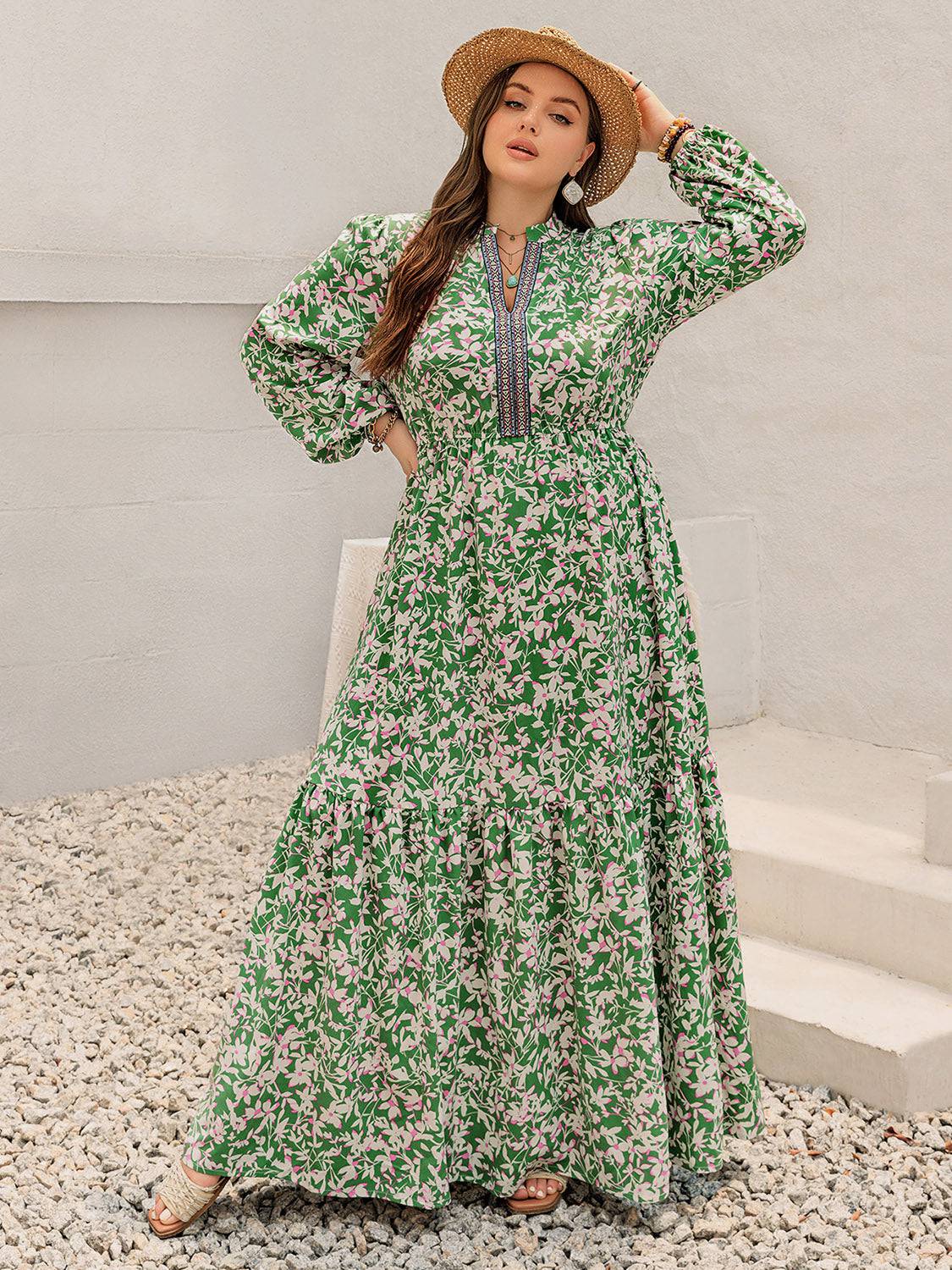 Plus Size Printed Notched Long Sleeve Maxi Dress - NEWYORKLISTED