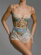 NEWYORKLISTED INTIMATE APPAREL: Lace lingerie set with leopard print top and colorful high-waisted shorts on a gray background