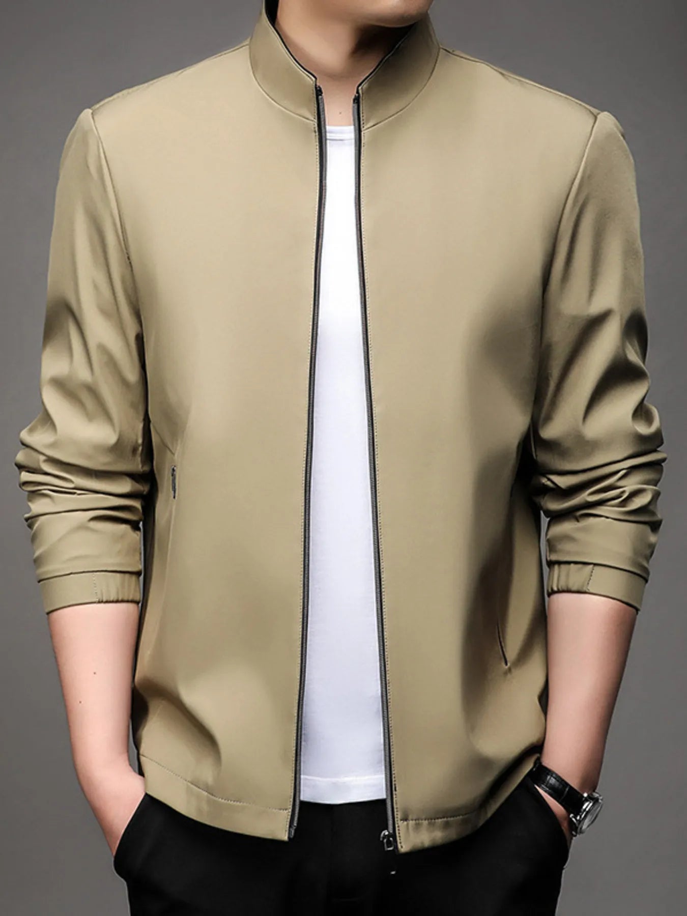 Men’s size zip-up long sleeve jacket in beige — NEWYORKLISTED ATLAS MEN’S COLLECTION.